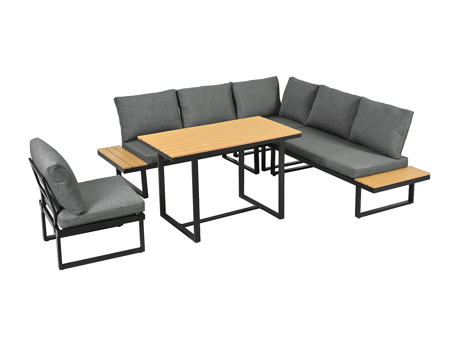 Salon de jardin - ensemble de meubles - 6 places - en acier galvanisé - canapé d'angle - avec table à manger - plateau en bois plastique - Gris
