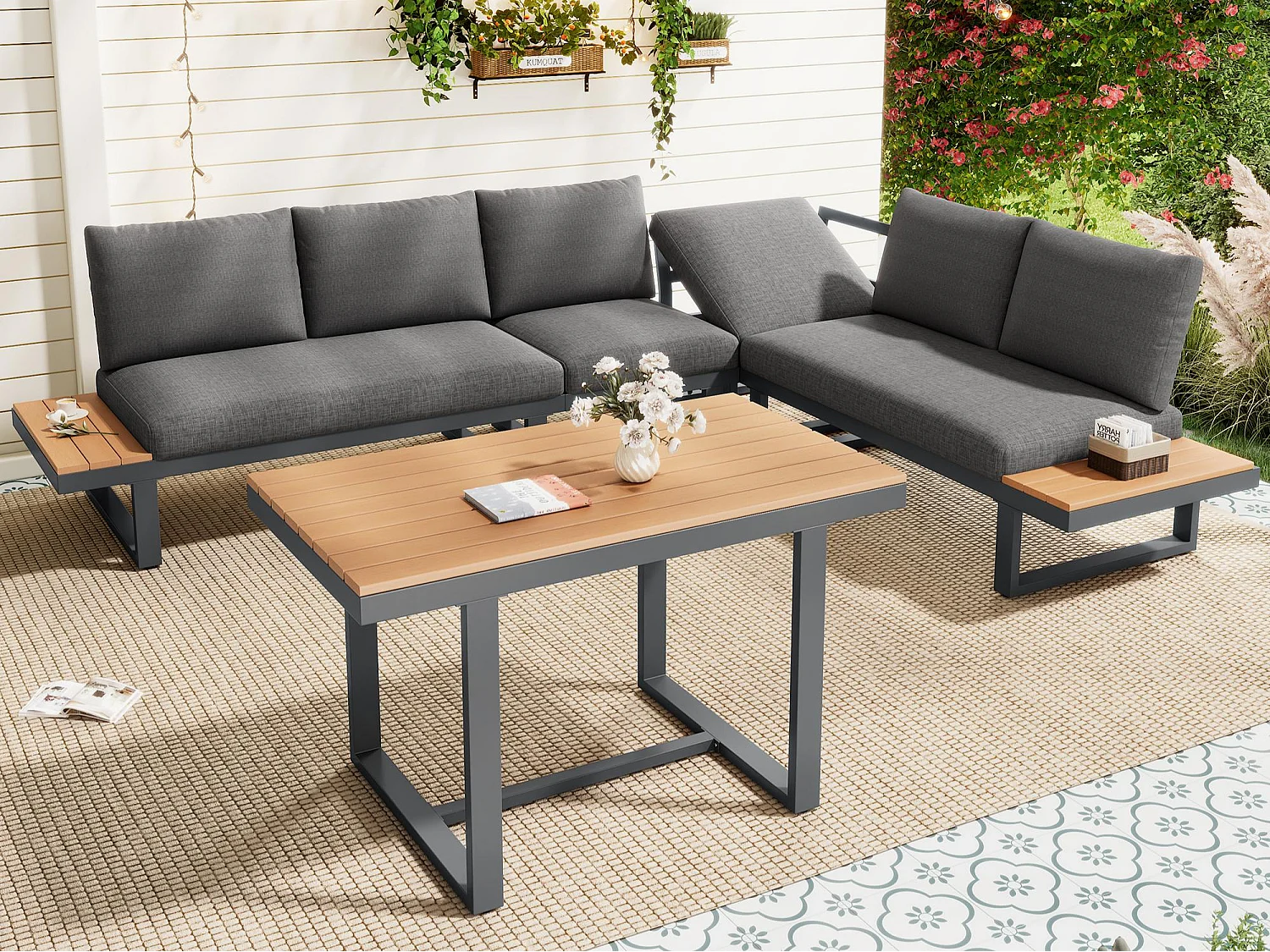 Salon de jardin - ensemble de meubles - 6 places - en acier galvanisé - canapé d'angle - avec table à manger - plateau en bois plastique - Gris