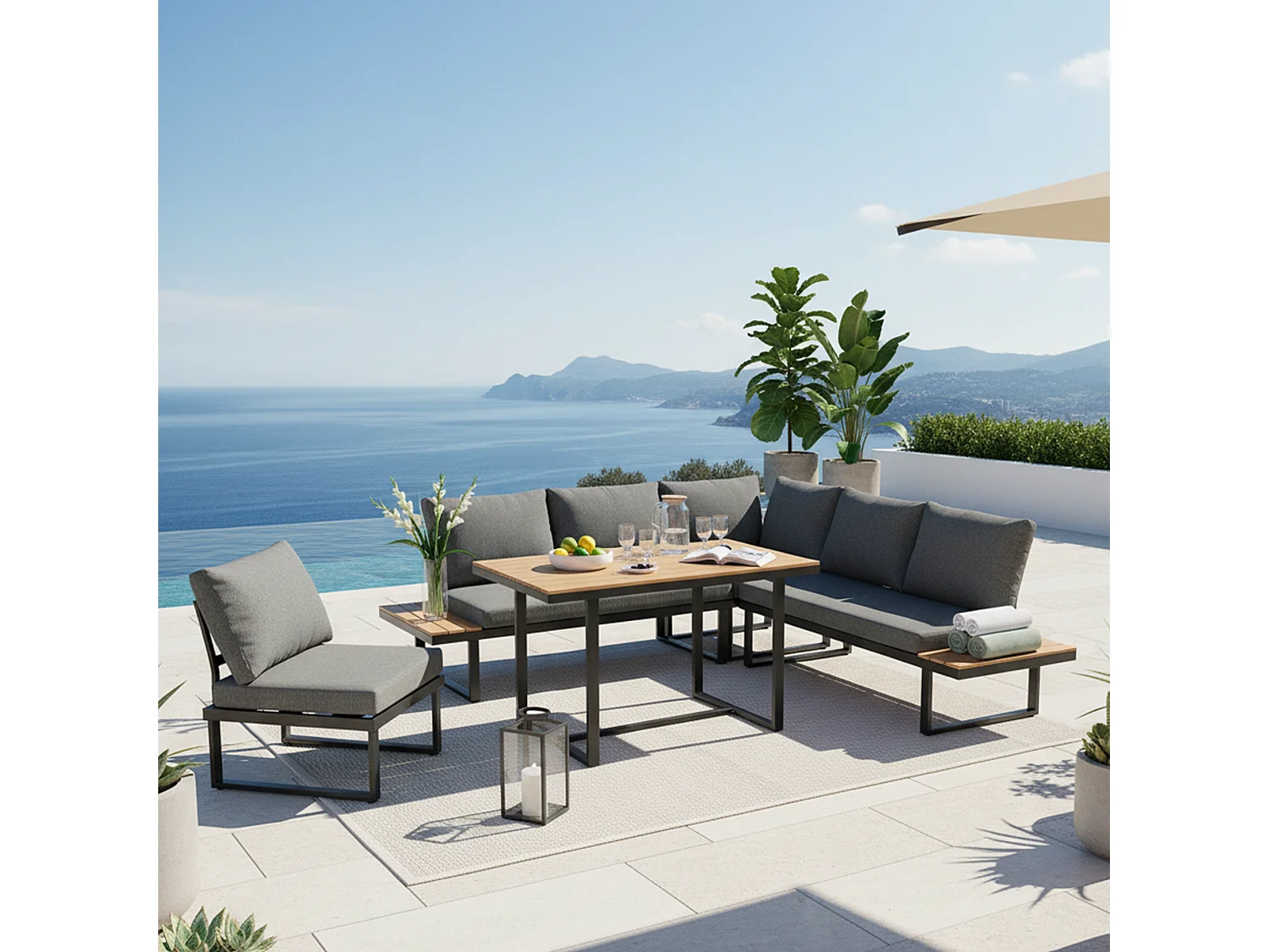 Salon de jardin - ensemble de meubles - 6 places - en acier galvanisé - canapé d'angle - avec table à manger - plateau en bois plastique - Gris