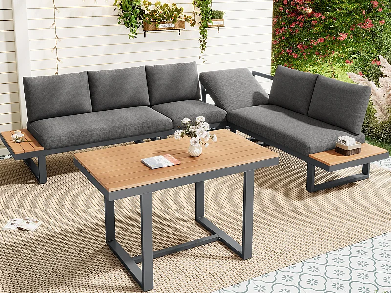 Salon de jardin - ensemble de meubles - 6 places - en acier galvanisé - canapé d'angle - avec table à manger - plateau en bois plastique - Gris