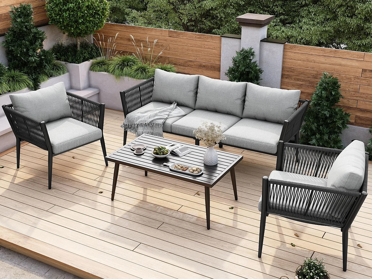 Zestaw mebli ogrodowych 5-osobowy - Zestaw leżaków ogrodowych - z lekkiej stali ocynkowanej - z liny - sofa - 2 fotele i stolik kawowy - Szary