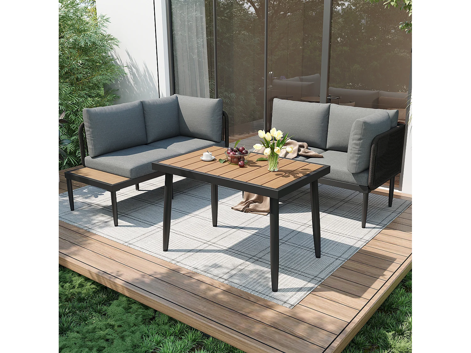 Salon de jardin 4 places - en fer galvanisé léger - plateau en plastique-bois - anapé d'angle + table à manger - gris