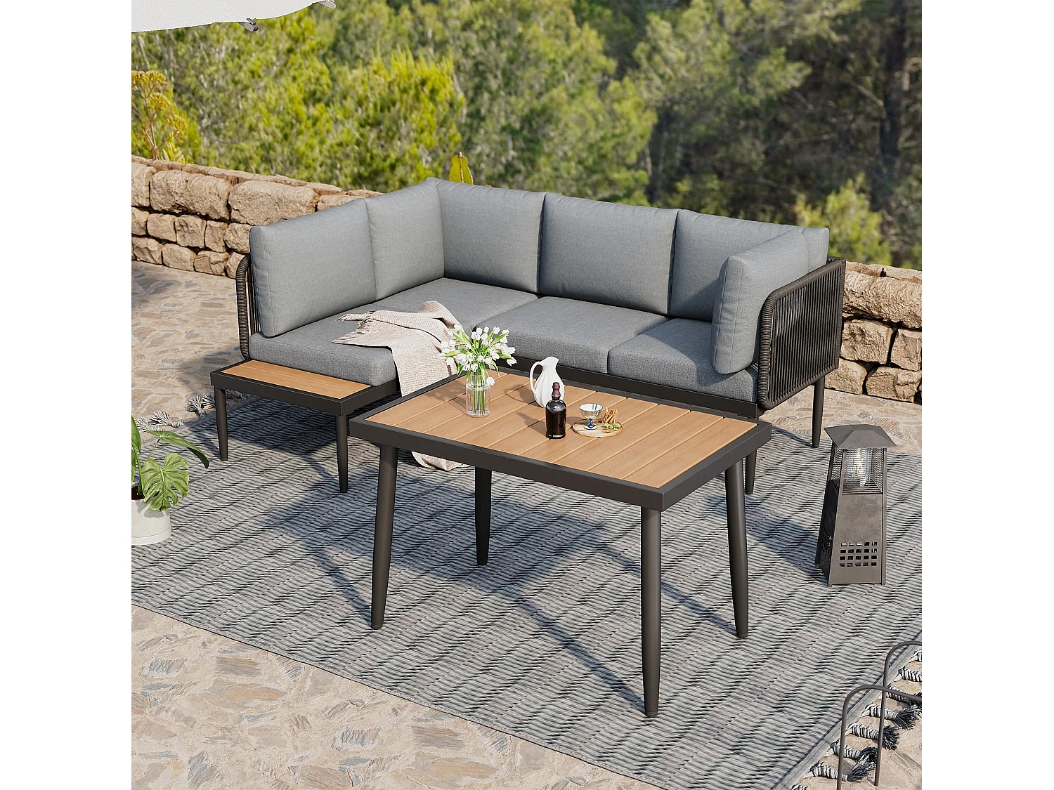 Salon de jardin 4 places - en fer galvanisé léger - plateau en plastique-bois - anapé d'angle + table à manger - gris