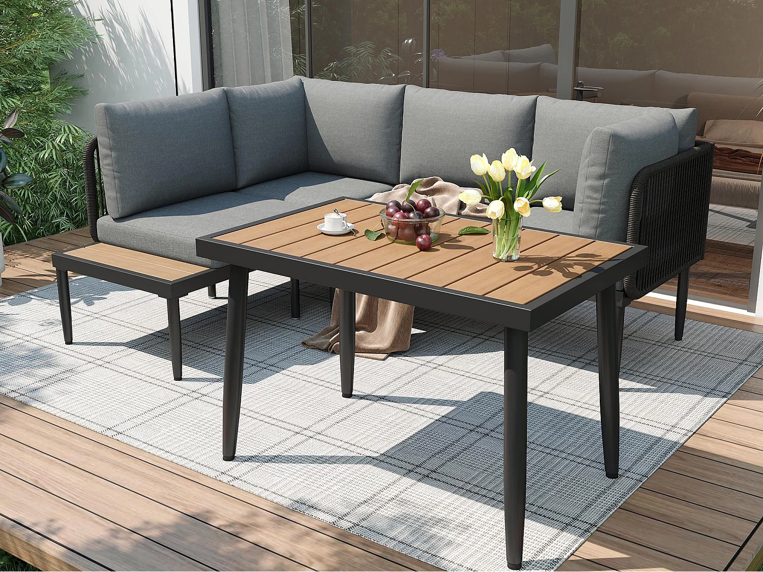 Garten-Salon, 4 Plätze - aus leichtem galvanisiertem Eisen - Platte aus Kunststoff-Holz - Ecksofa + Esstisch - Grau