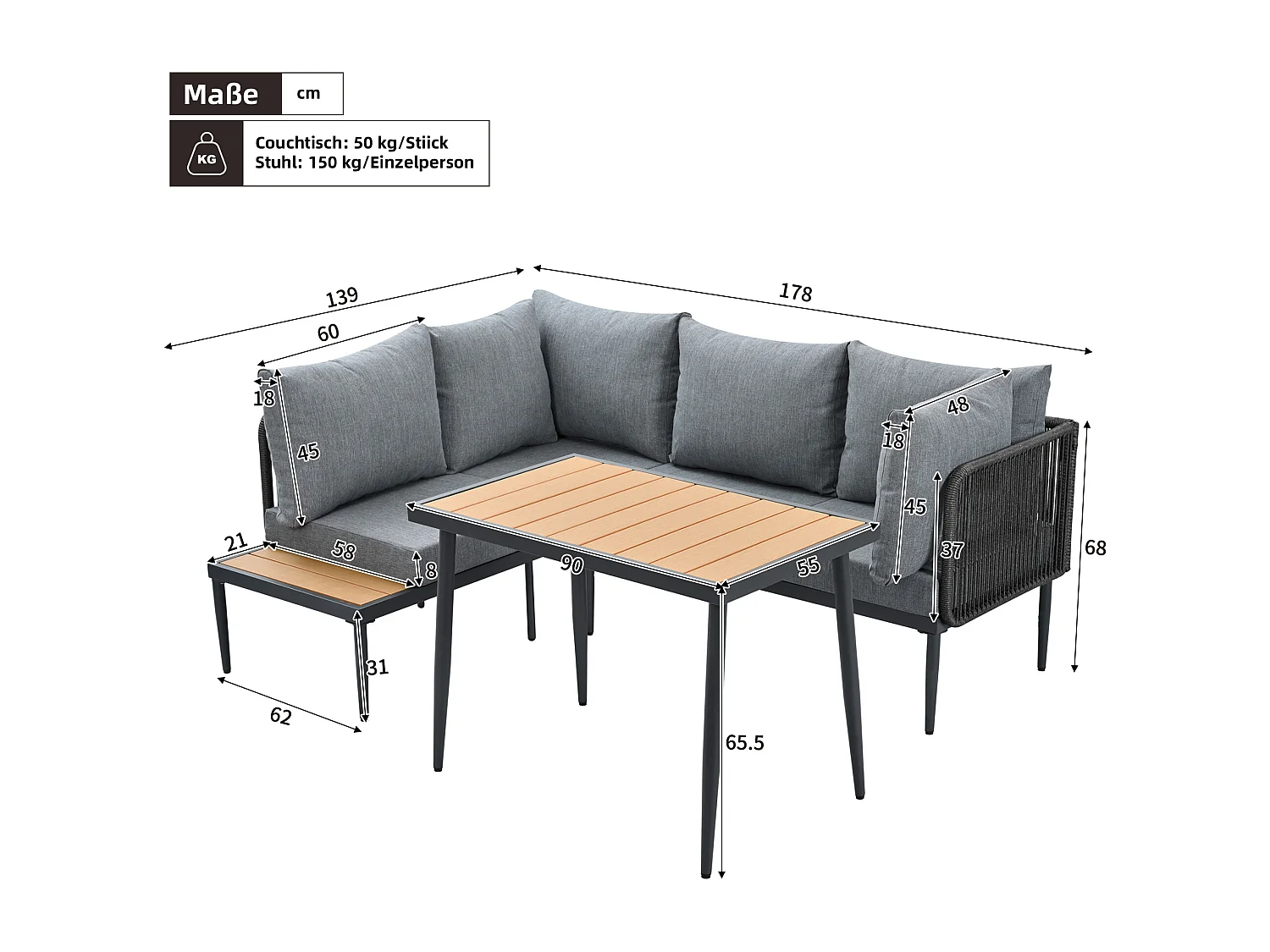 Garten-Salon, 4 Plätze - aus leichtem galvanisiertem Eisen - Platte aus Kunststoff-Holz - Ecksofa + Esstisch - Grau