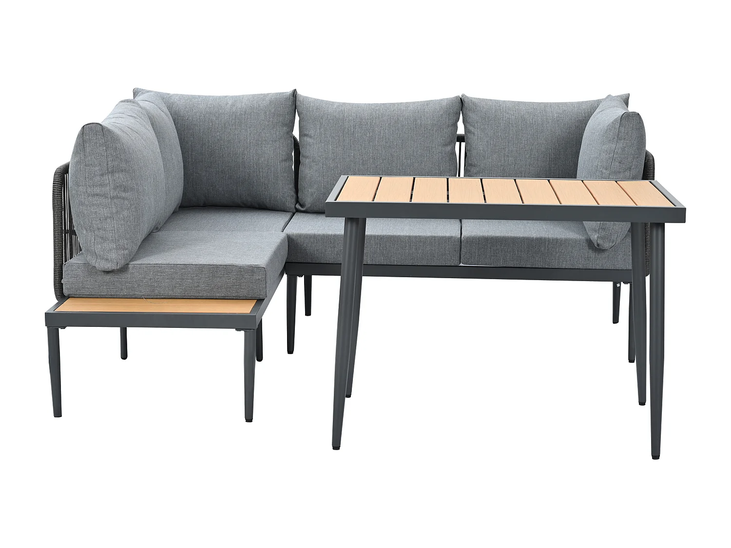 Garten-Salon, 4 Plätze - aus leichtem galvanisiertem Eisen - Platte aus Kunststoff-Holz - Ecksofa + Esstisch - Grau