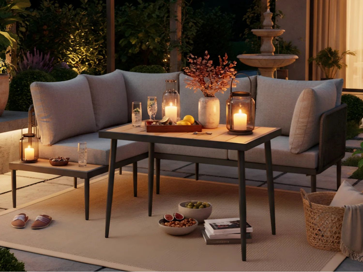 Garten-Salon, 4 Plätze - aus leichtem galvanisiertem Eisen - Platte aus Kunststoff-Holz - Ecksofa + Esstisch - Grau