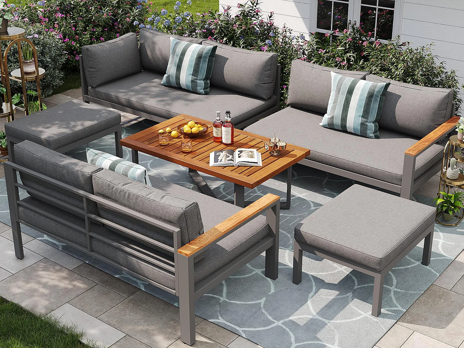 Salão de jardim - conjunto de móveis para 8 lugares, conjunto de móveis de jardim em madeira maciça, em ferro galvanizado - 2 bancos, Cinza