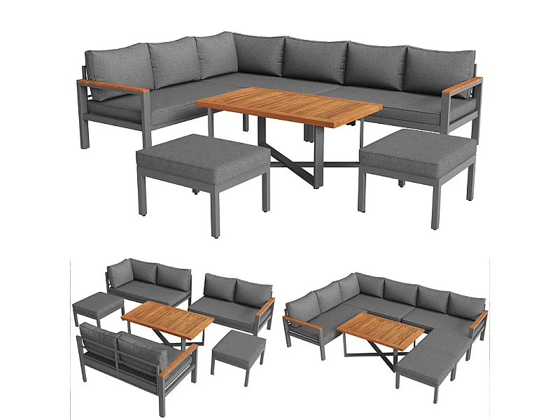 Salão de jardim - conjunto de móveis para 8 lugares, conjunto de móveis de jardim em madeira maciça, em ferro galvanizado - 2 bancos, Cinza