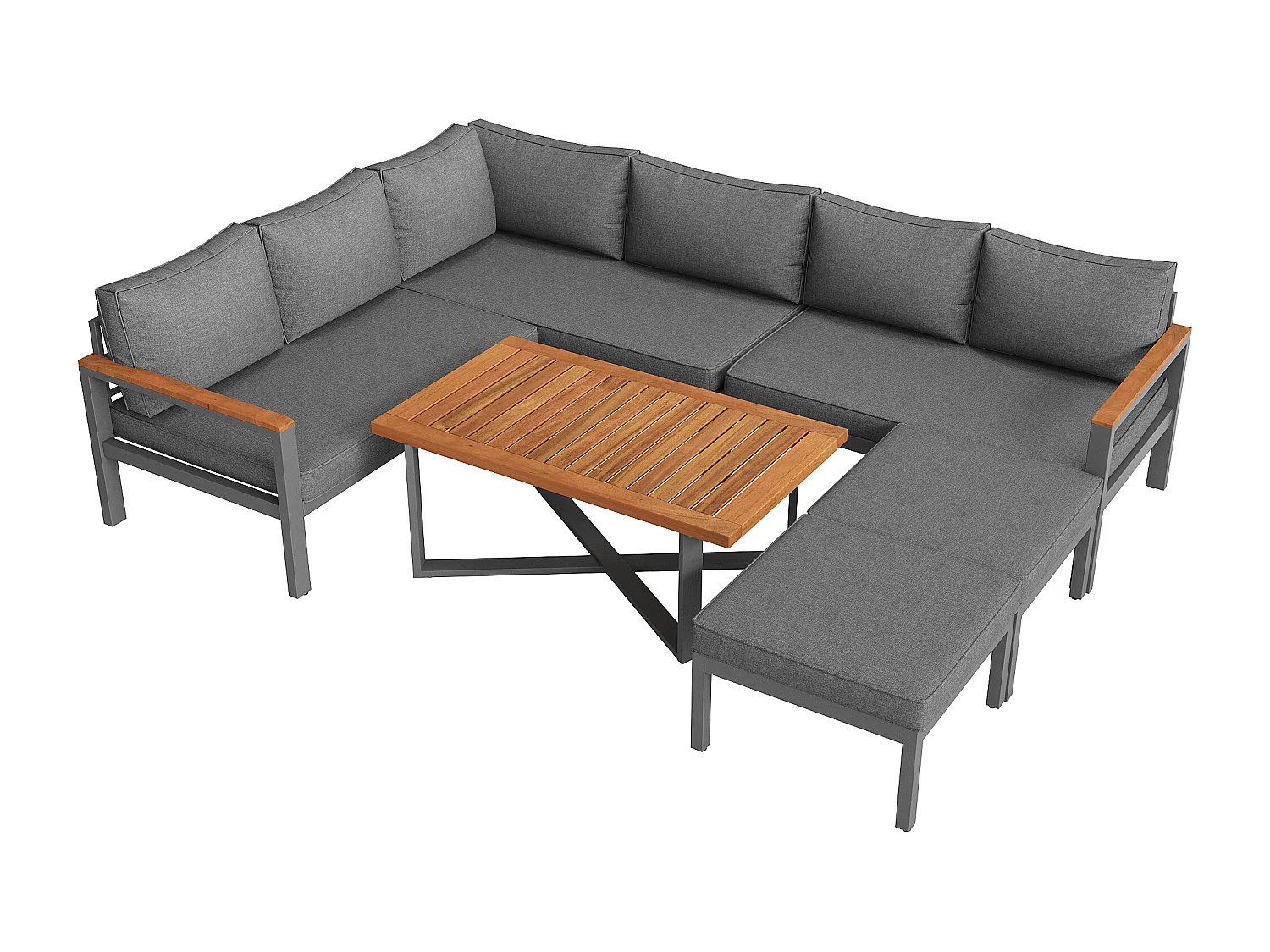 Salão de jardim - conjunto de móveis para 8 lugares, conjunto de móveis de jardim em madeira maciça, em ferro galvanizado - 2 bancos, Cinza