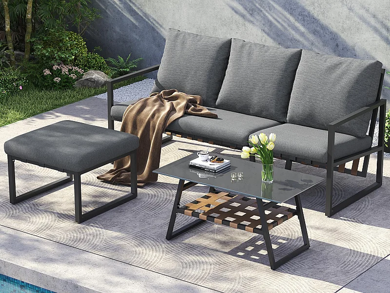 Garten-Salon - 4 Plätze - aus galvanisiertem Stahl - Sofa - 1 niedrige Tafel - Glasplatte - 1 Hocker - aus künstlichem Leder - Grau