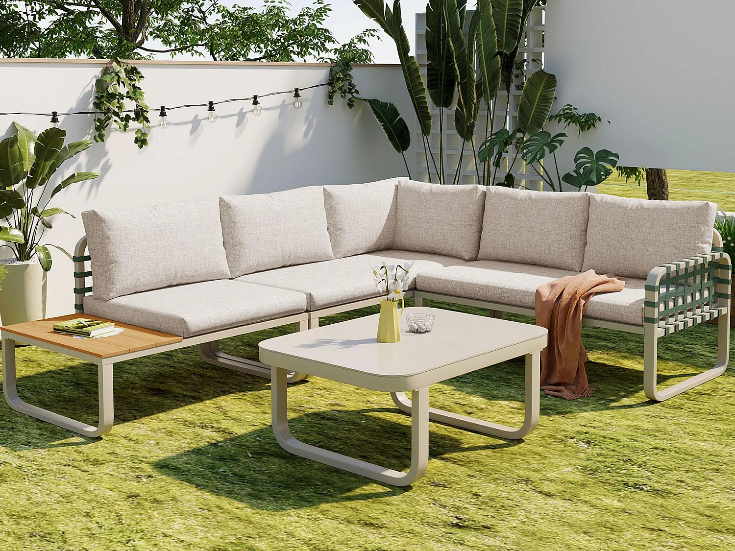 Zestaw mebli ogrodowych dla 5 osób, meble ogrodowe z rattanu i skóry - 2 sofy - 1 fotel i 1 stolik kawowy, z poduszkami, beżowy