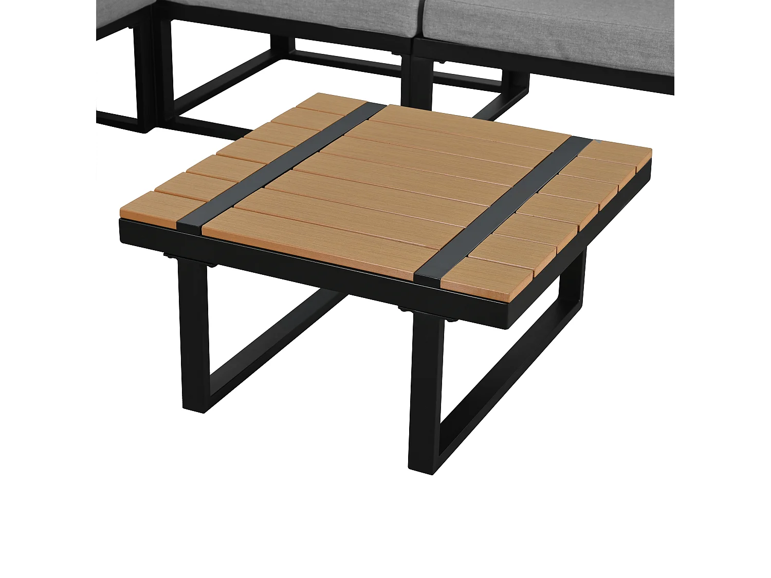 Salon de jardin - ensemble de meubles - 6 places - en acier galvanisé - canapé d'angle - avec table basse - plateau en bois plastique - Gris