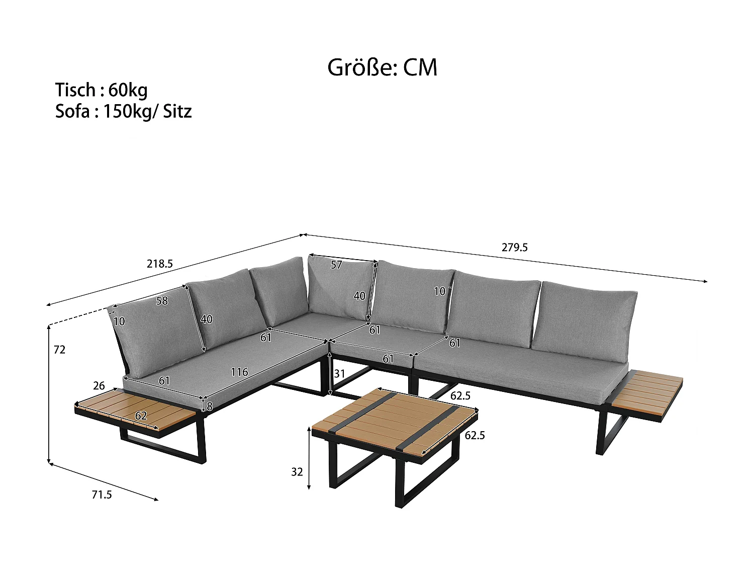 Salon de jardin - ensemble de meubles - 6 places - en acier galvanisé - canapé d'angle - avec table basse - plateau en bois plastique - Gris