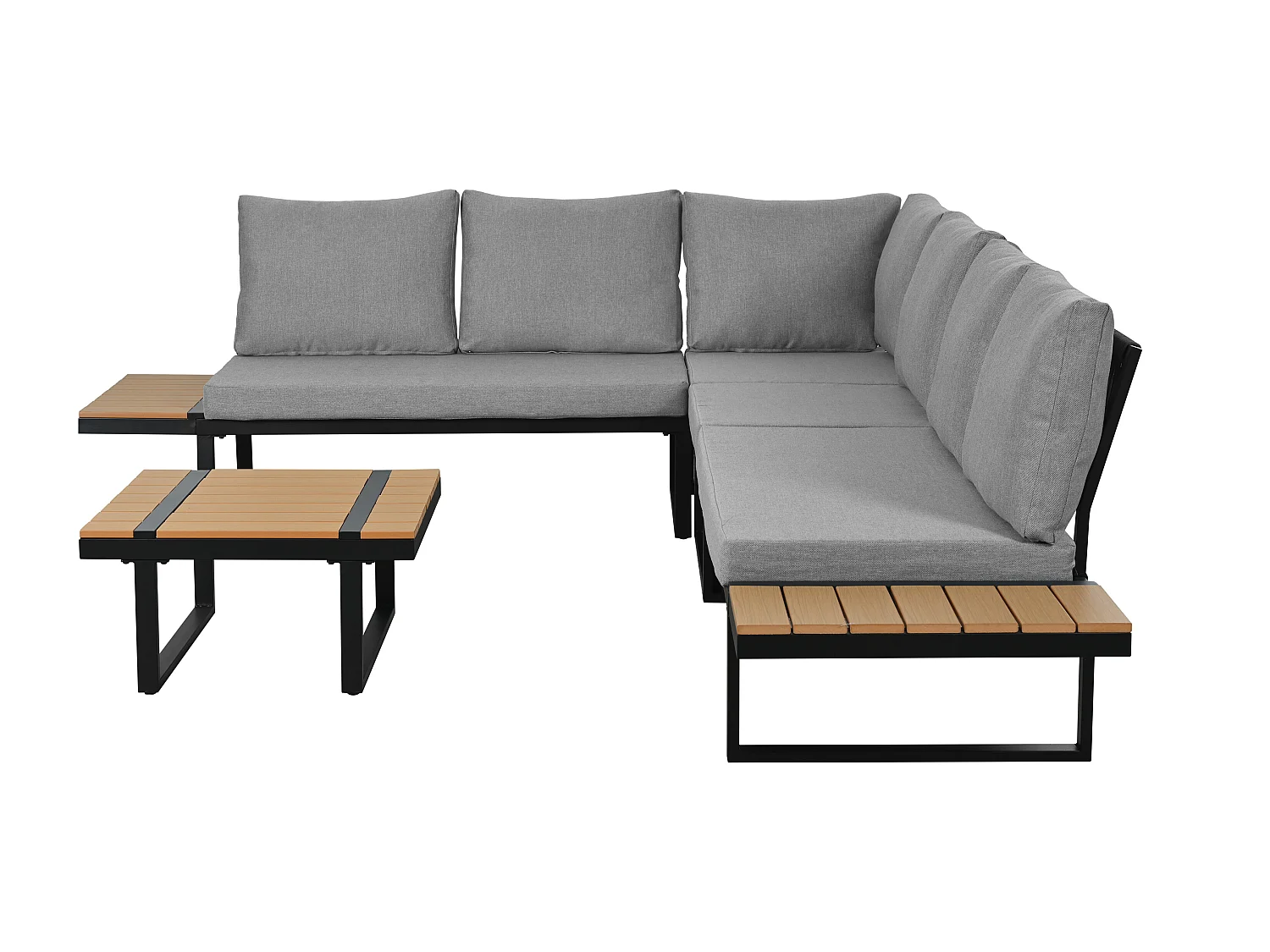 Salon de jardin - ensemble de meubles - 6 places - en acier galvanisé - canapé d'angle - avec table basse - plateau en bois plastique - Gris