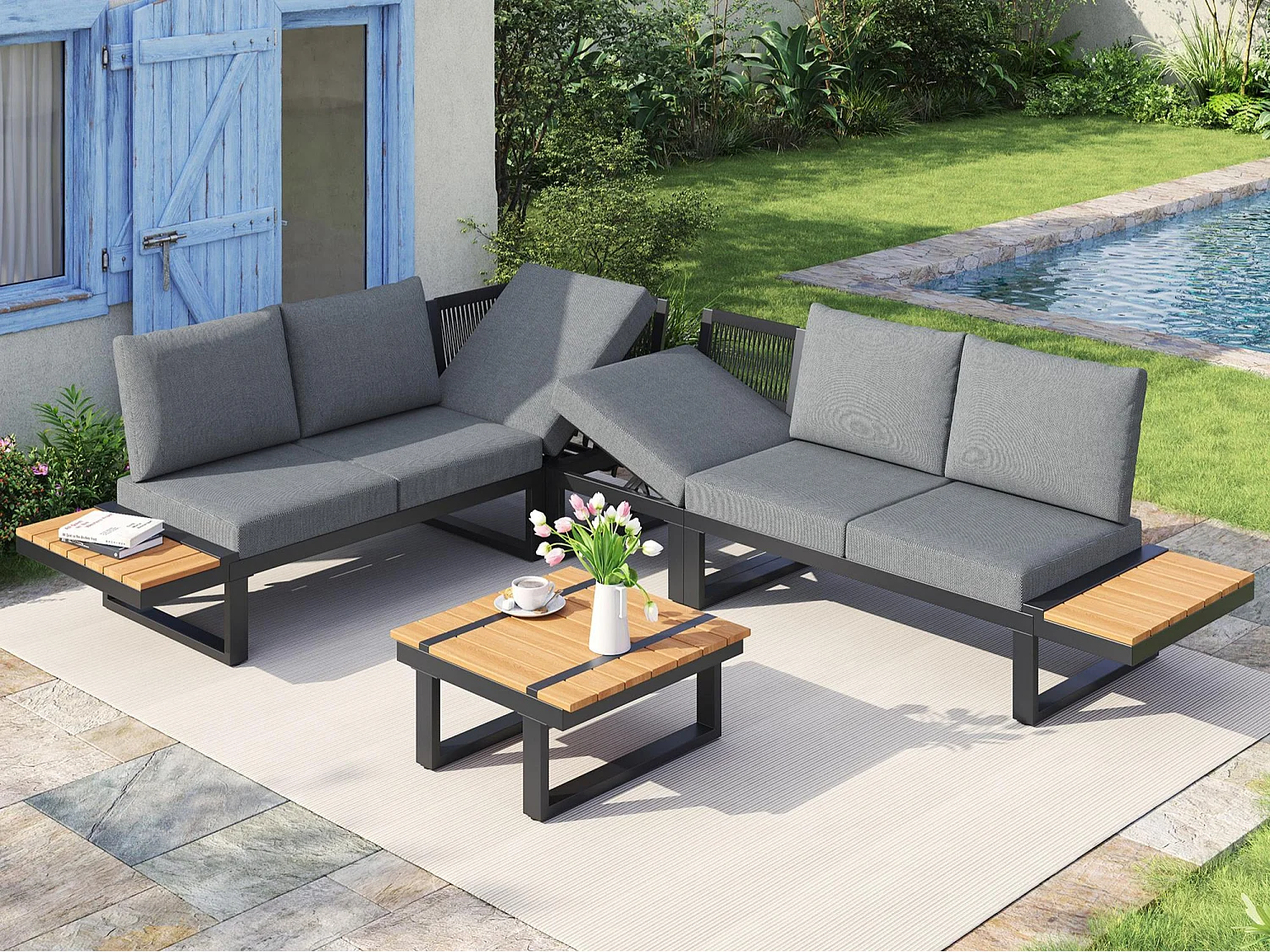 Salon de jardin - ensemble de meubles - 6 places - en acier galvanisé - canapé d'angle - avec table basse - plateau en bois plastique - Gris