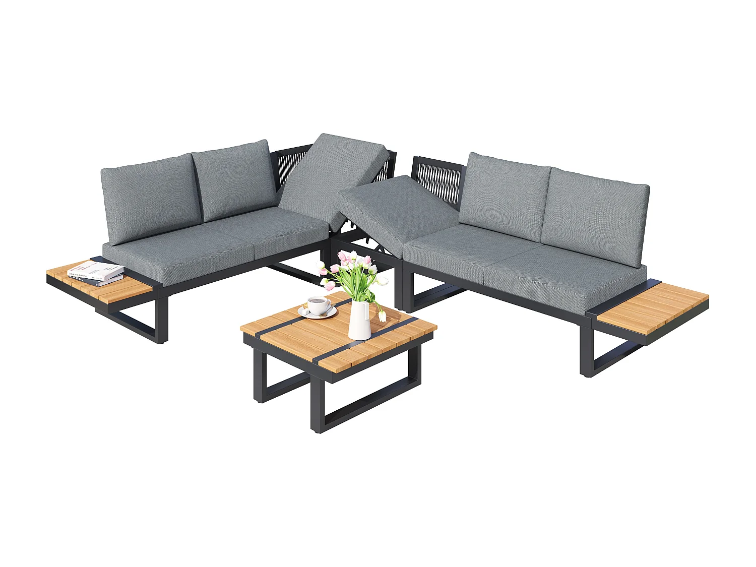 Salon de jardin - ensemble de meubles - 6 places - en acier galvanisé - canapé d'angle - avec table basse - plateau en bois plastique - Gris