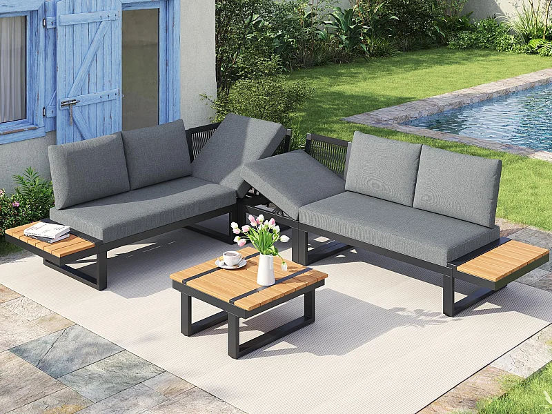 Salon de jardin - ensemble de meubles - 6 places - en acier galvanisé - canapé d'angle - avec table basse - plateau en bois plastique - Gris