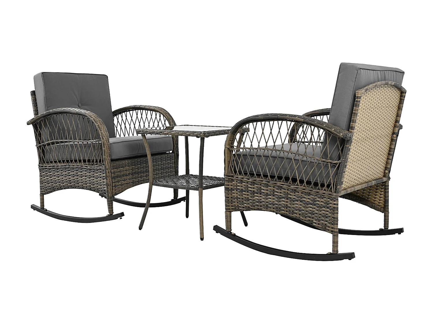 Salon de jardin en rotin - 2 chaises à bascule - 1 Table de bar - pour 2 personnes - plateau en acacia avec coussins gris