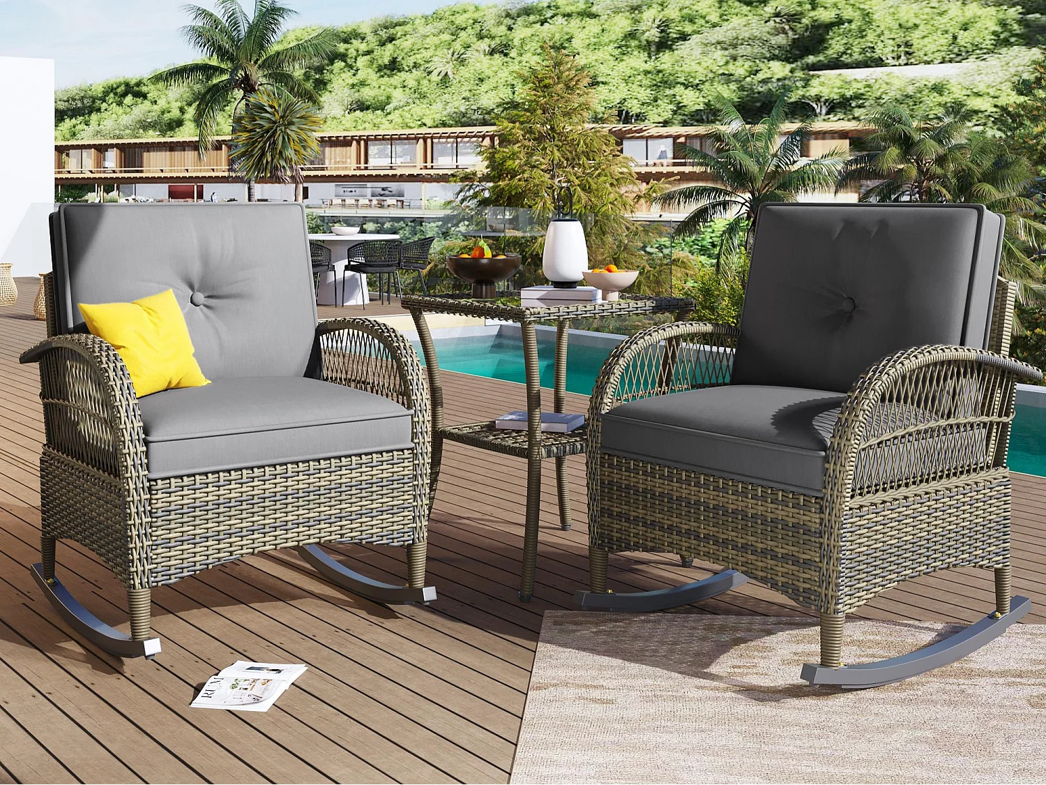 Salon de jardin en rotin - 2 chaises à bascule - 1 Table de bar - pour 2 personnes - plateau en acacia avec coussins gris