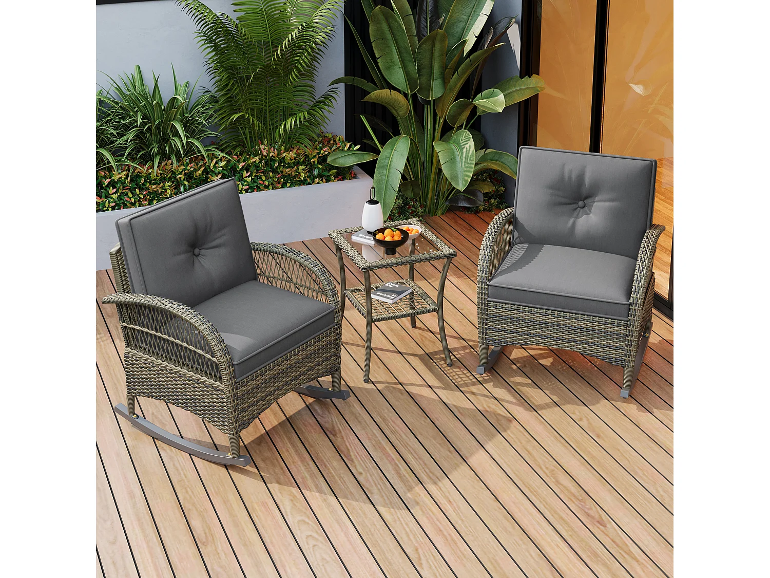 Salon de jardin en rotin - 2 chaises à bascule - 1 Table de bar - pour 2 personnes - plateau en acacia avec coussins gris