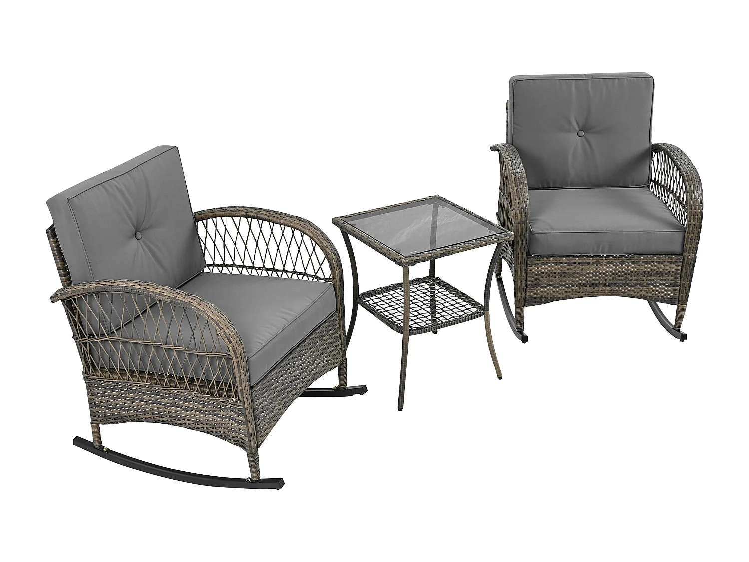 Salon de jardin en rotin - 2 chaises à bascule - 1 Table de bar - pour 2 personnes - plateau en acacia avec coussins gris