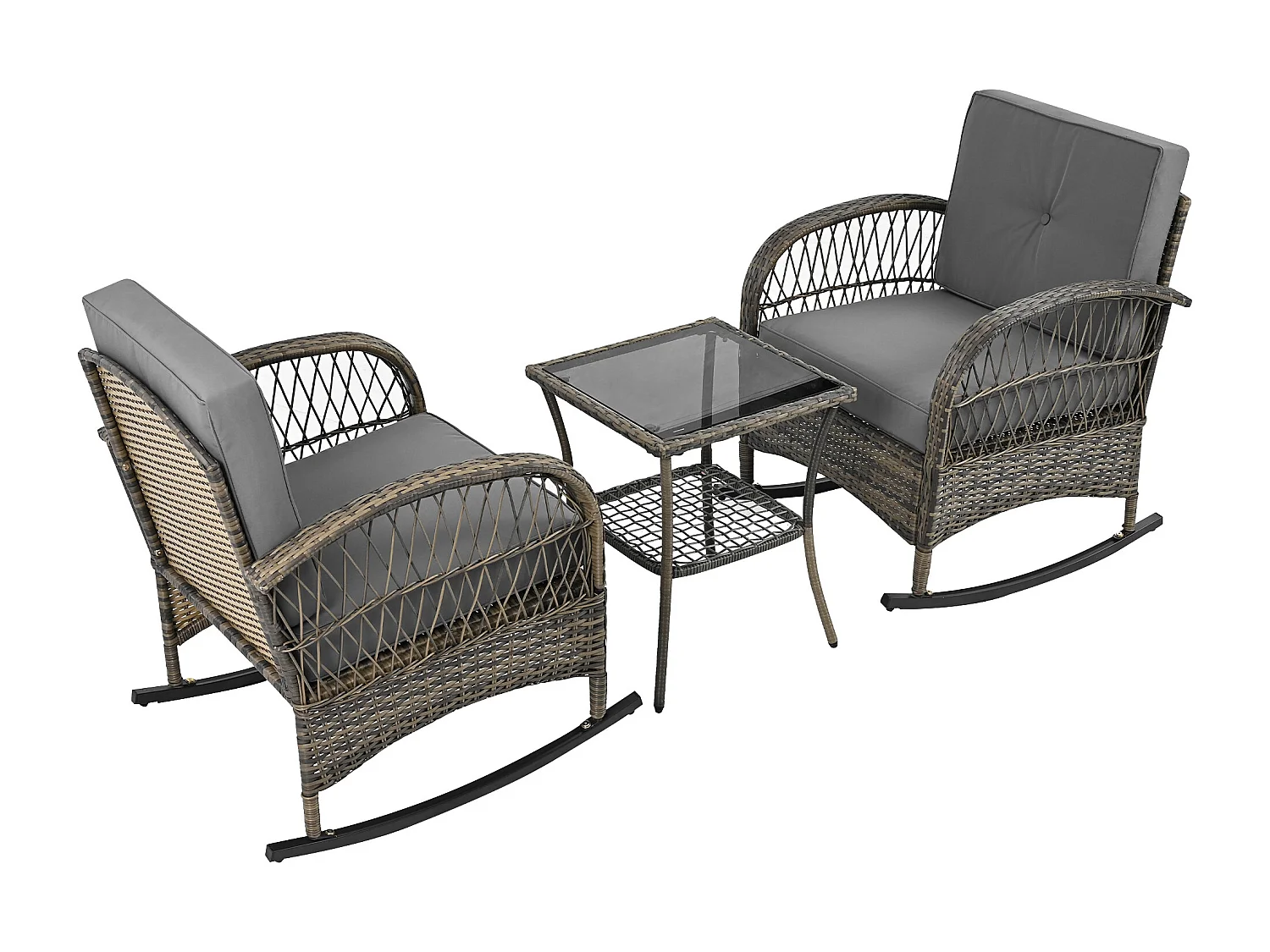 Salon de jardin en rotin - 2 chaises à bascule - 1 Table de bar - pour 2 personnes - plateau en acacia avec coussins gris