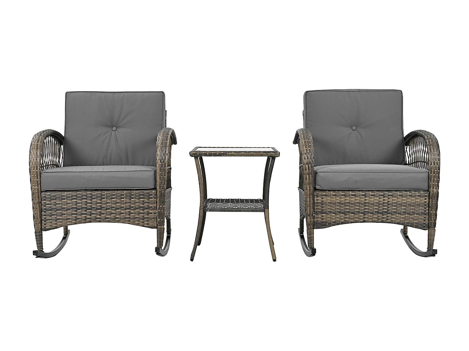 Salon de jardin en rotin - 2 chaises à bascule - 1 Table de bar - pour 2 personnes - plateau en acacia avec coussins gris