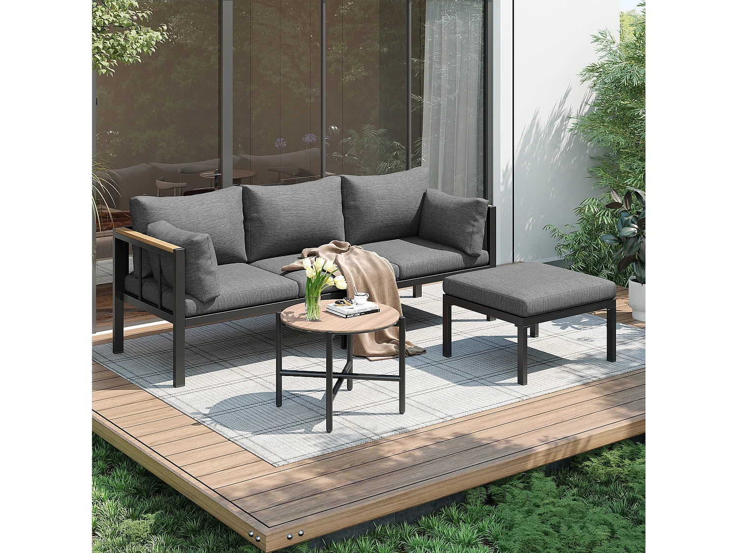 Salon de jardin - 4 places - ensemble d'angle, canapé + table basse + repose-pieds, tube en acier galvanisé, plateau en verre - Gris