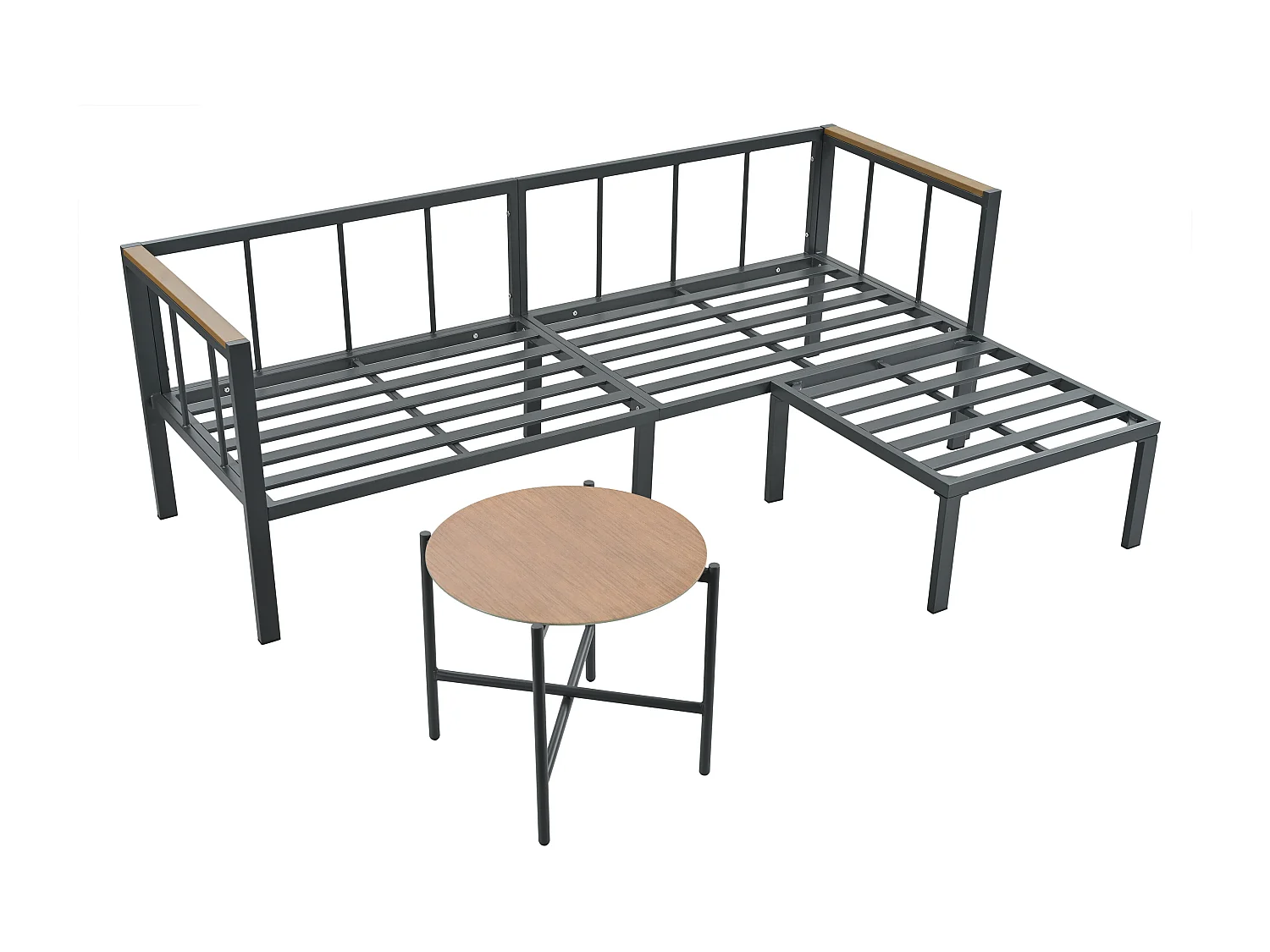 Salon de jardin - 4 places - ensemble d'angle, canapé + table basse + repose-pieds, tube en acier galvanisé, plateau en verre - Gris