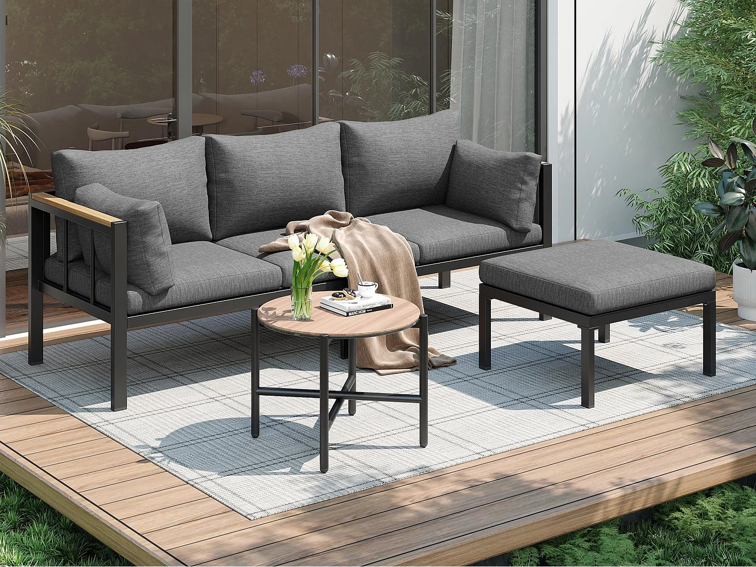 Salon de jardin - 4 places - ensemble d'angle, canapé + table basse + repose-pieds, tube en acier galvanisé, plateau en verre - Gris