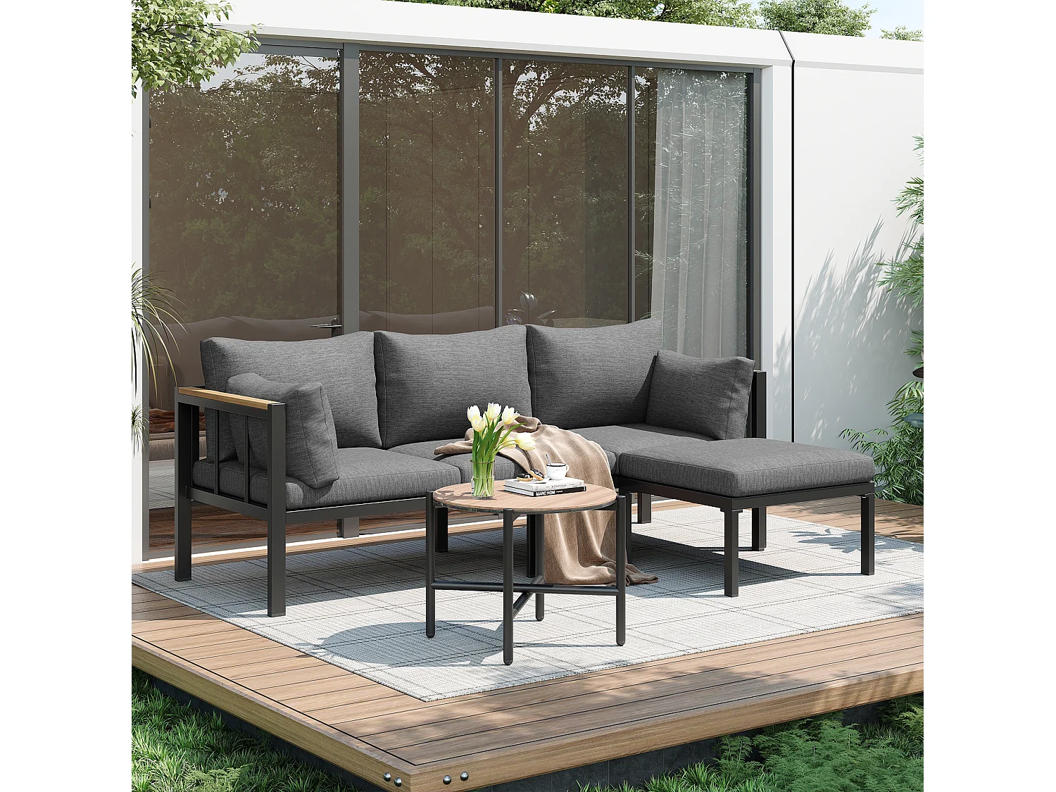 Salon de jardin - 4 places - ensemble d'angle, canapé + table basse + repose-pieds, tube en acier galvanisé, plateau en verre - Gris