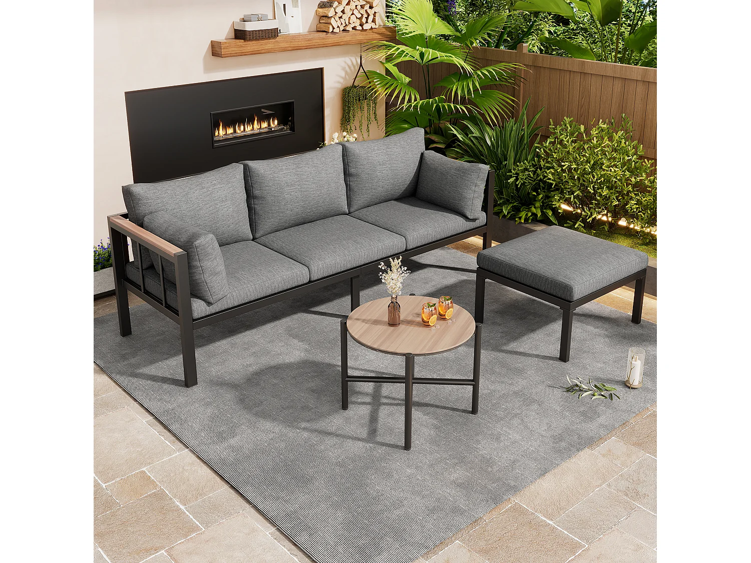 Salon de jardin - 4 places - ensemble d'angle, canapé + table basse + repose-pieds, tube en acier galvanisé, plateau en verre - Gris