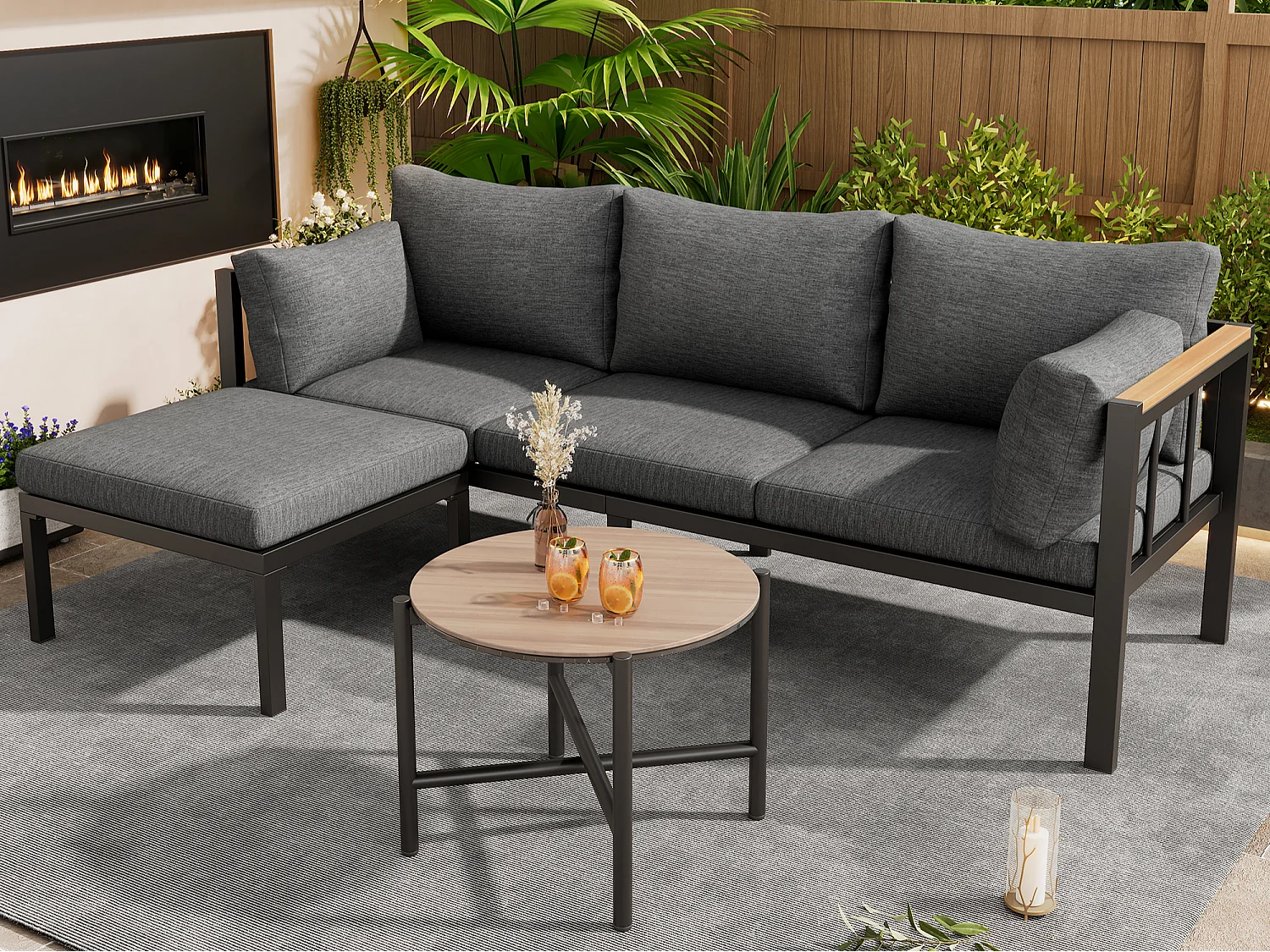 Zestaw mebli ogrodowych - 4 miejsca - narożnik, sofa + stolik kawowy + podnóżek, stalowa rura ocynkowana, szklany blat - Szary