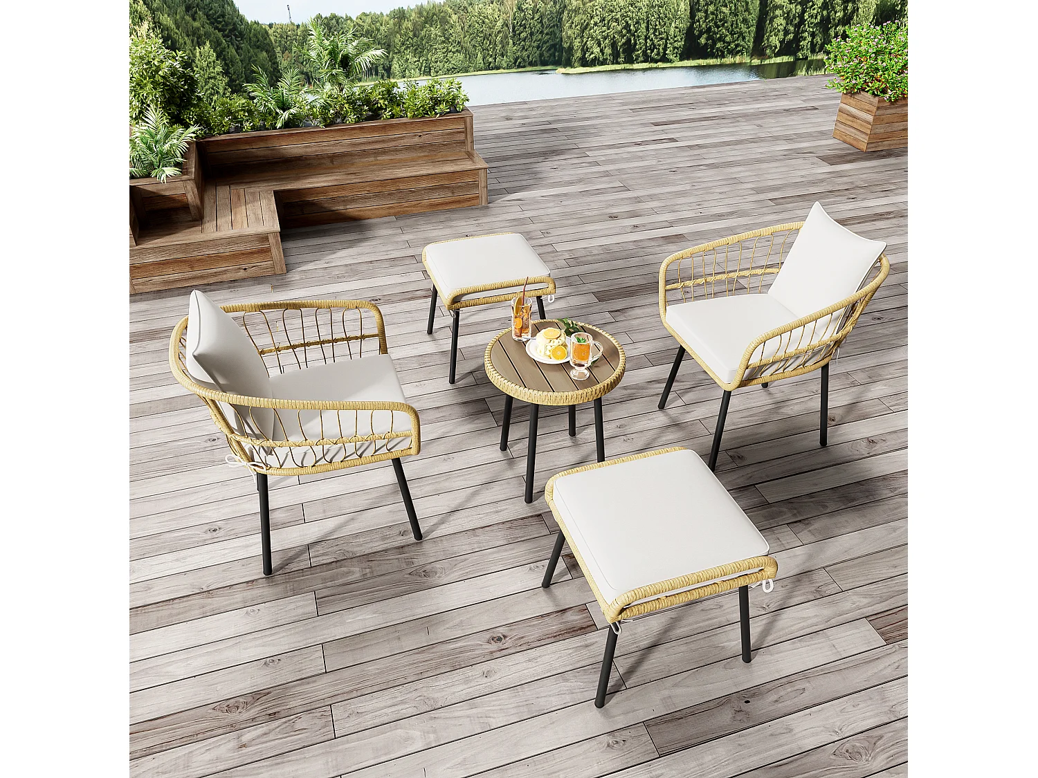 Möbelensemble für den Garten - geliefert mit 1 Esstisch - 2 Stühlen - 2 Hockern - Rattan - natürlich