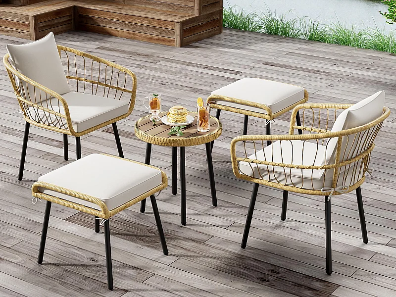 Möbelensemble für den Garten - geliefert mit 1 Esstisch - 2 Stühlen - 2 Hockern - Rattan - natürlich