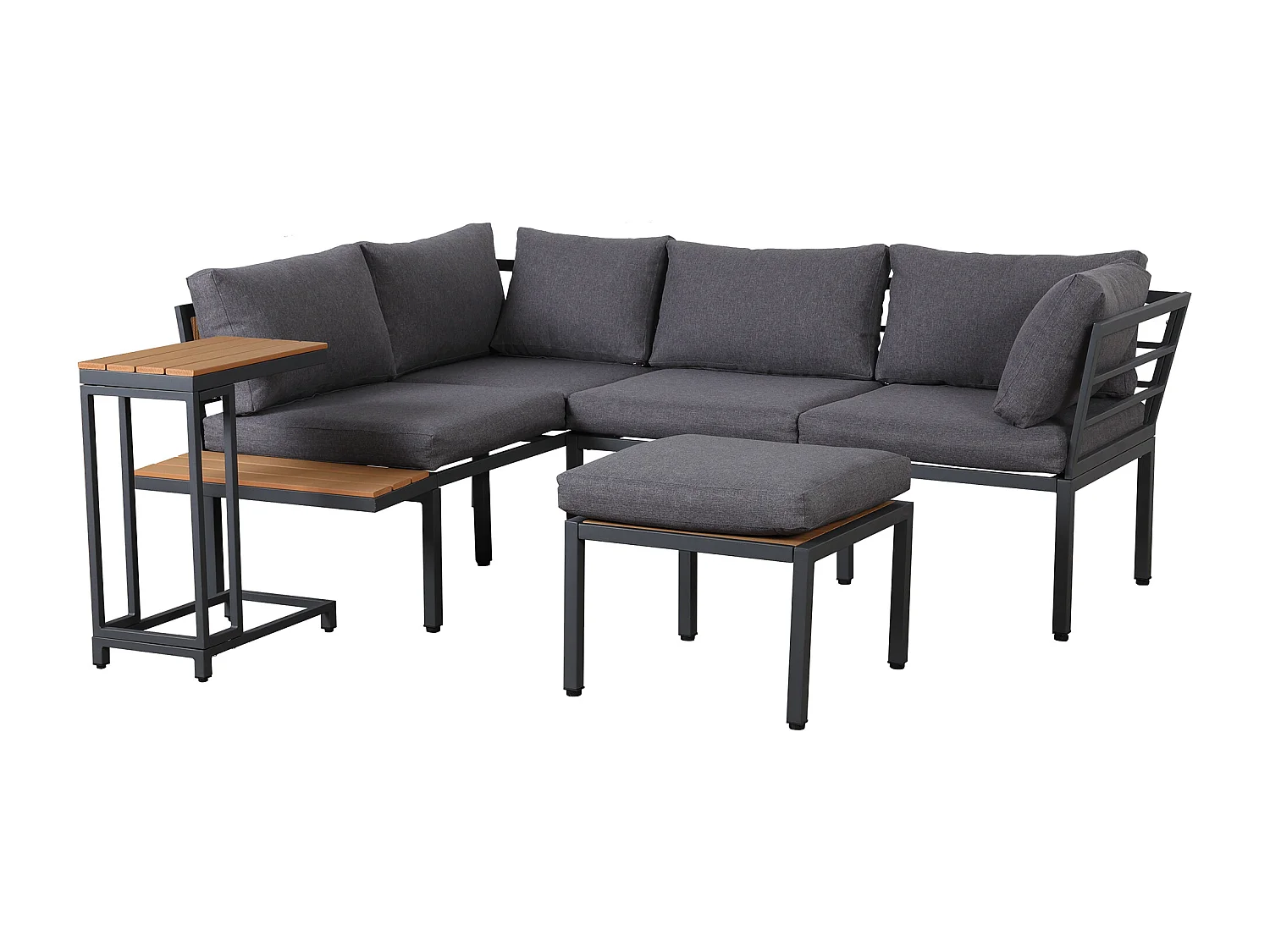 Salotto da giardino - 4 posti - in acciaio zincato - divano ad angolo - 1 tavolino aggiuntivo - 1 sgabello - piano in legno plastico - Grigio