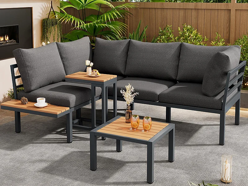 Salotto da giardino - 4 posti - in acciaio zincato - divano ad angolo - 1 tavolino aggiuntivo - 1 sgabello - piano in legno plastico - Grigio