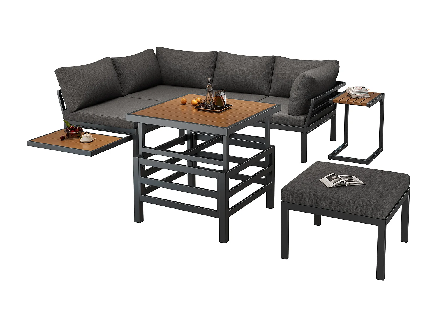 Tuinsalon - 4 plaatsen - van verzinkt staal - hoeksofa - 1 uitschuifbare bijzettafel - 1 kruk - Grijs