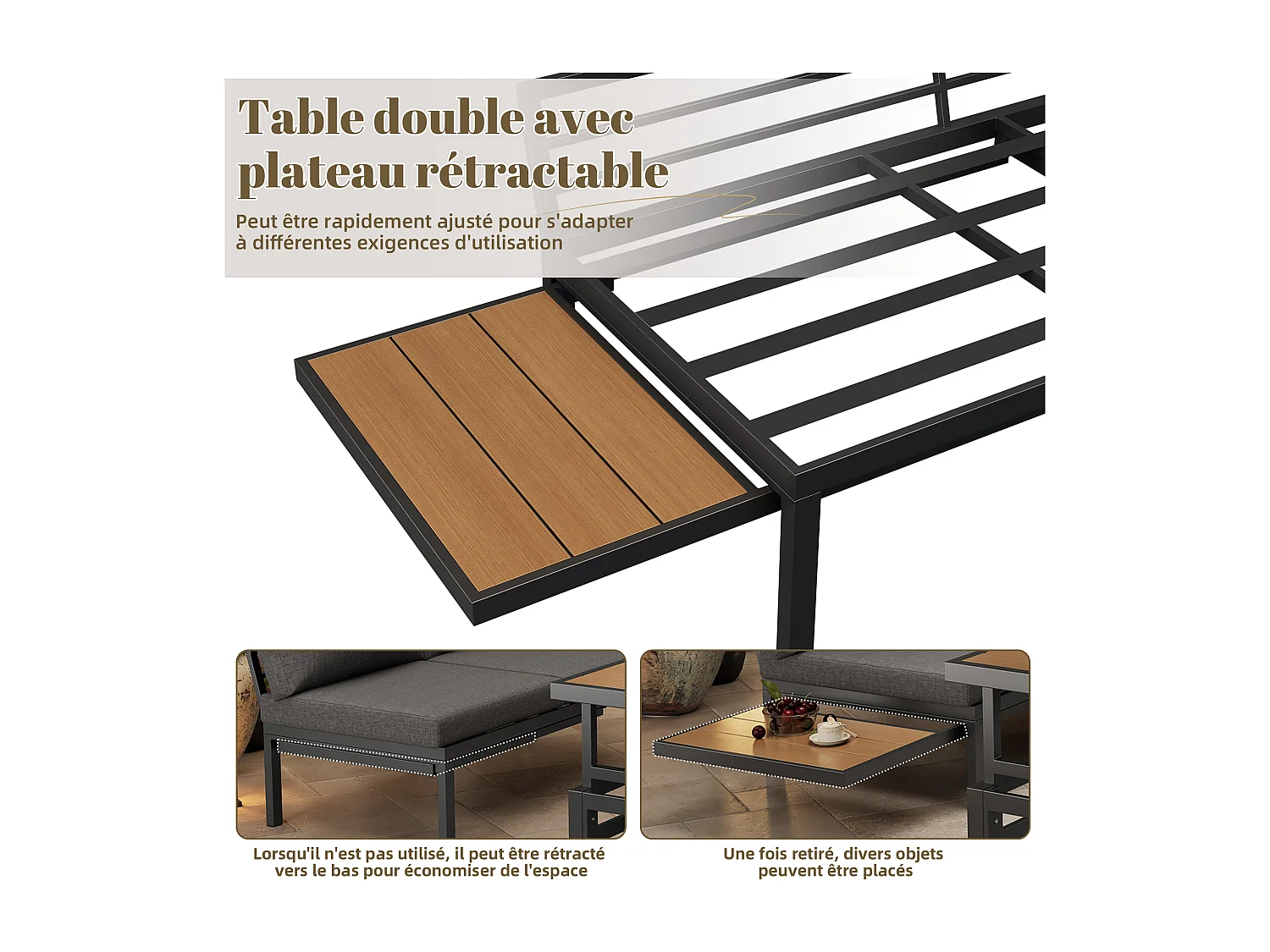 Tuinsalon - 4 plaatsen - van verzinkt staal - hoeksofa - 1 uitschuifbare bijzettafel - 1 kruk - Grijs