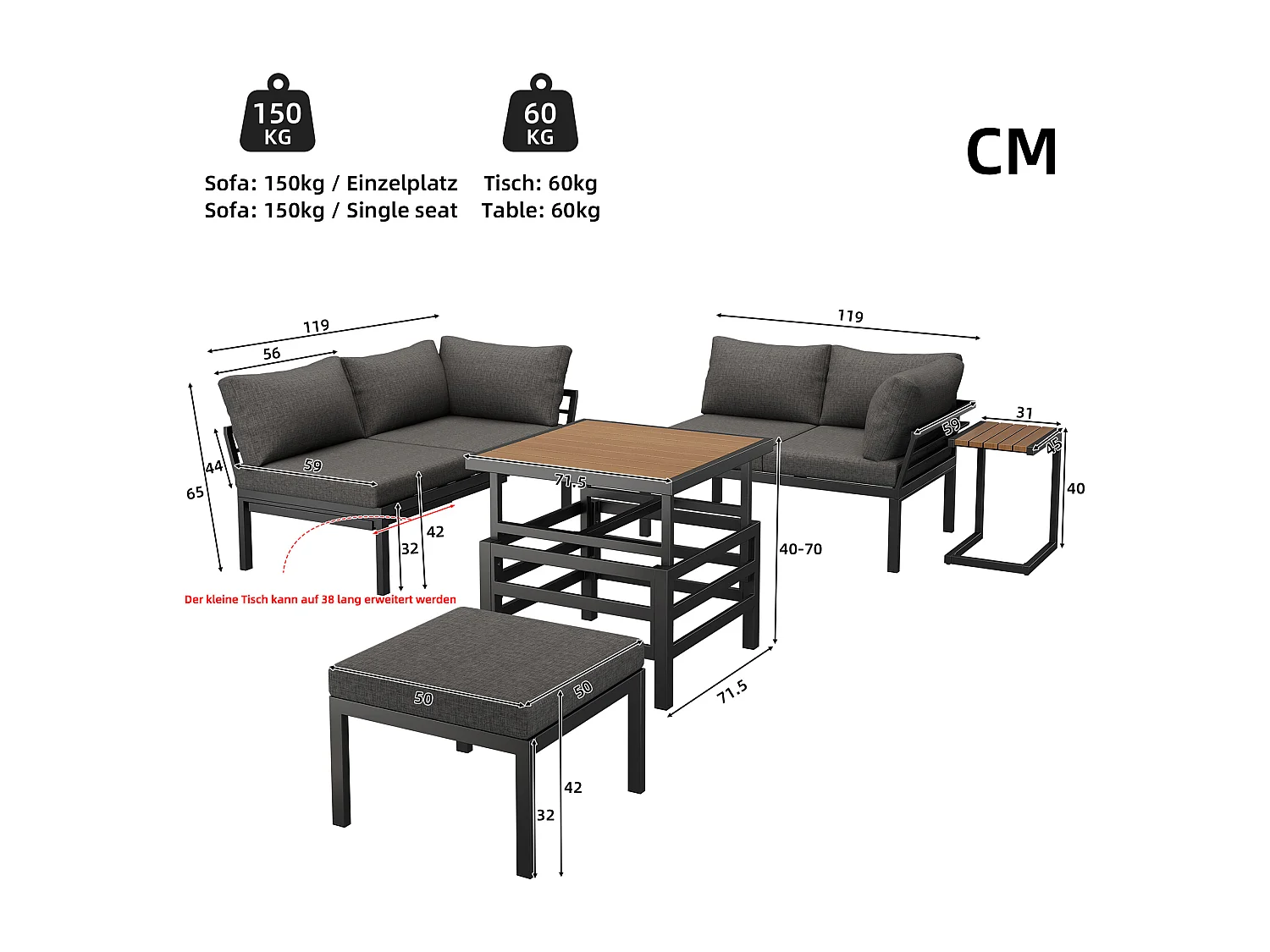 Tuinsalon - 4 plaatsen - van verzinkt staal - hoeksofa - 1 uitschuifbare bijzettafel - 1 kruk - Grijs