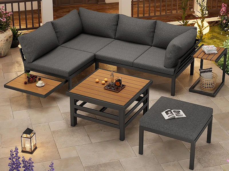 Tuinsalon - 4 plaatsen - van verzinkt staal - hoeksofa - 1 uitschuifbare bijzettafel - 1 kruk - Grijs