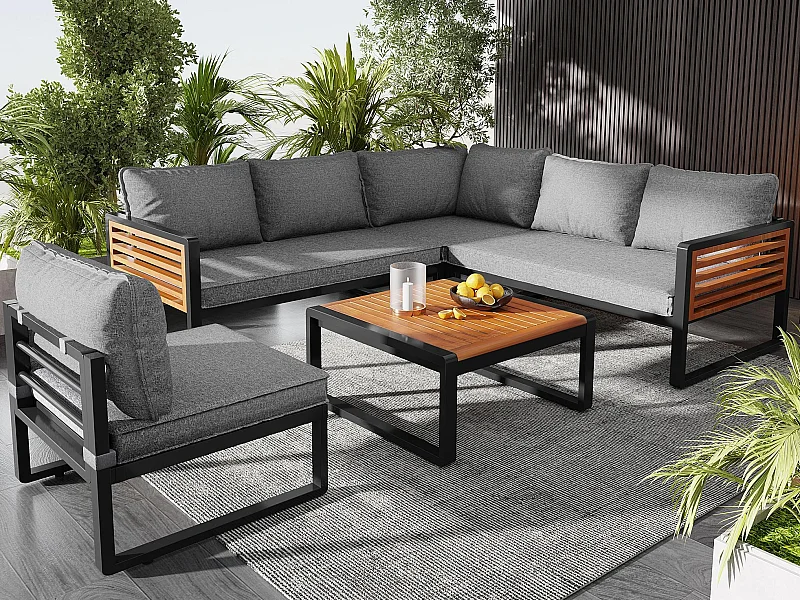 Salón de jardín 5 - 6 plazas - conjunto de muebles - con estructura en hierro galvanizado - 1 butaca - 1 mesa - Gris