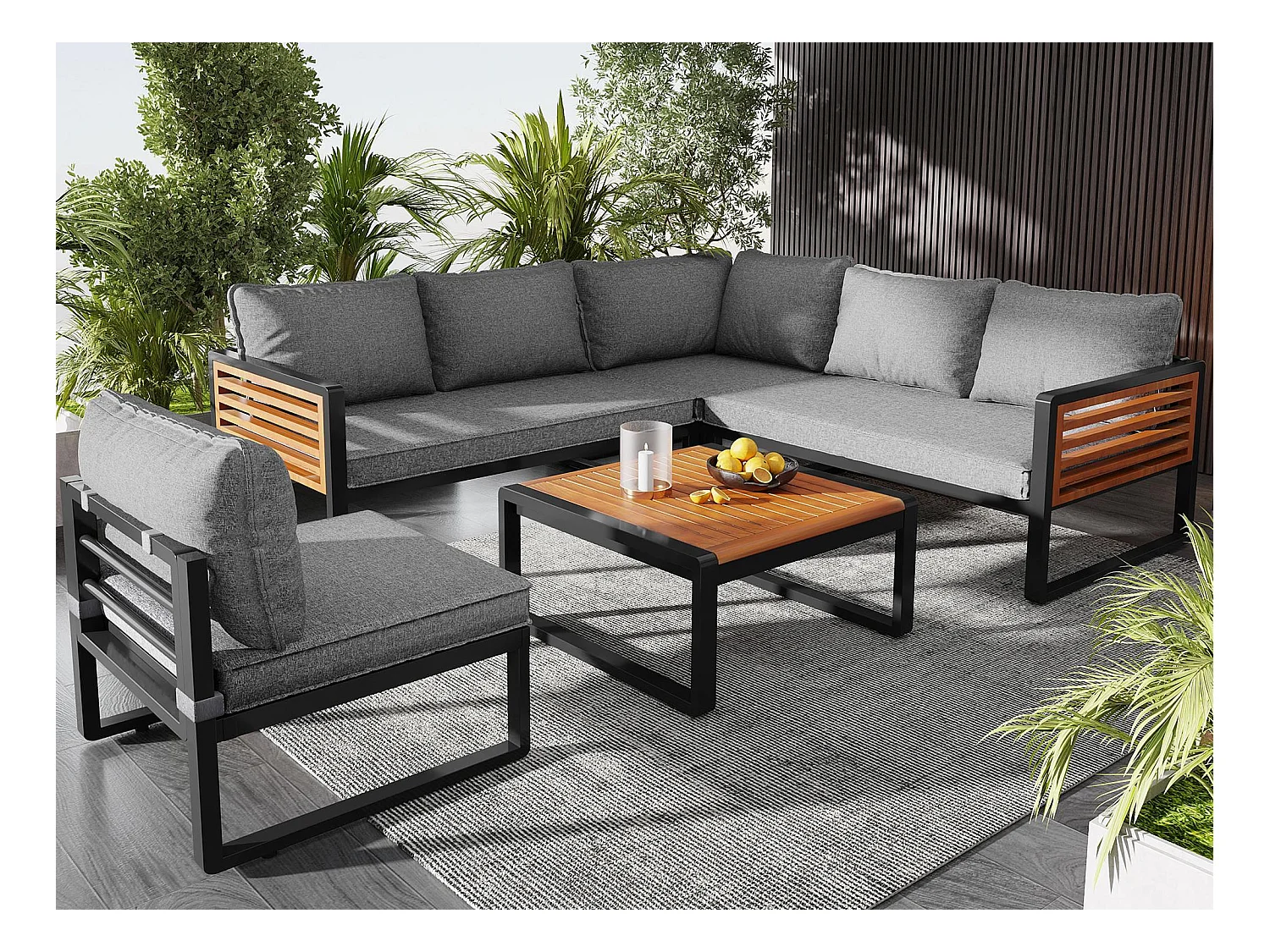 Salón de jardín 5 - 6 plazas - conjunto de muebles - con estructura en hierro galvanizado - 1 butaca - 1 mesa - Gris