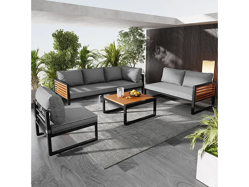 Salon de jardin 5-6 places - ensemble de meubles - avec structure en fer galvanisé -1 fauteuil- 1 table - Gris