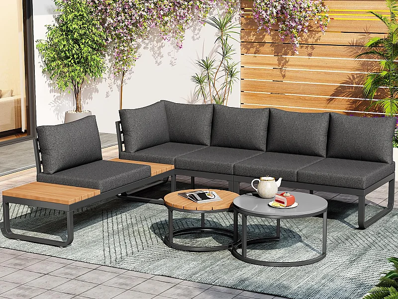 Zestaw mebli ogrodowych - 4 miejsca - z ocynkowanej stali - narożna sofa - 2 stoliki kawowe - z poduszkami i regulowanymi nogami - Szary