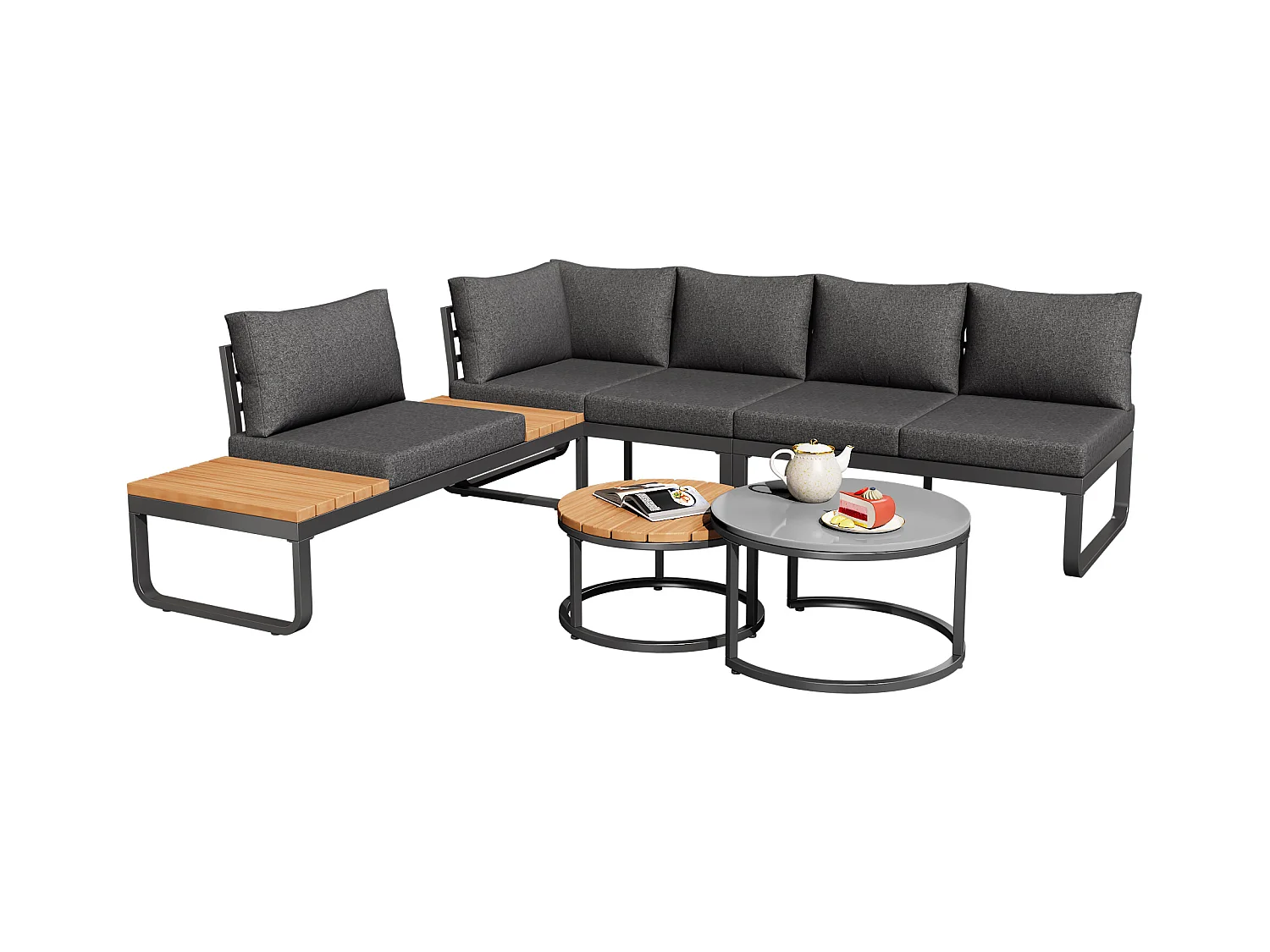 Zestaw mebli ogrodowych - 4 miejsca - z ocynkowanej stali - narożna sofa - 2 stoliki kawowe - z poduszkami i regulowanymi nogami - Szary