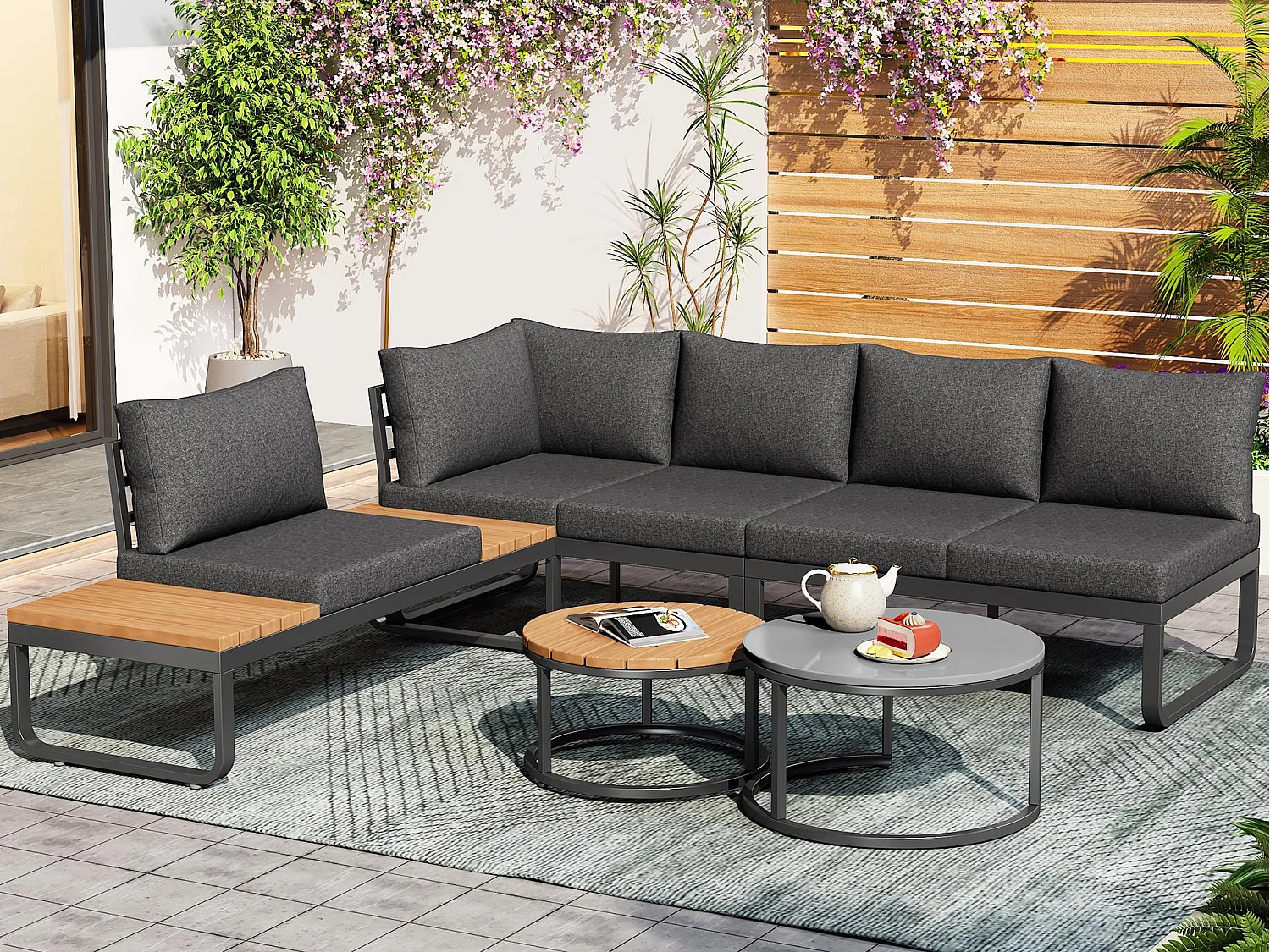 Salon de jardin - 4 places - en fer galvanisé - canapé d'angle - 2 tables basses - avec coussins et pieds réglables - Gris