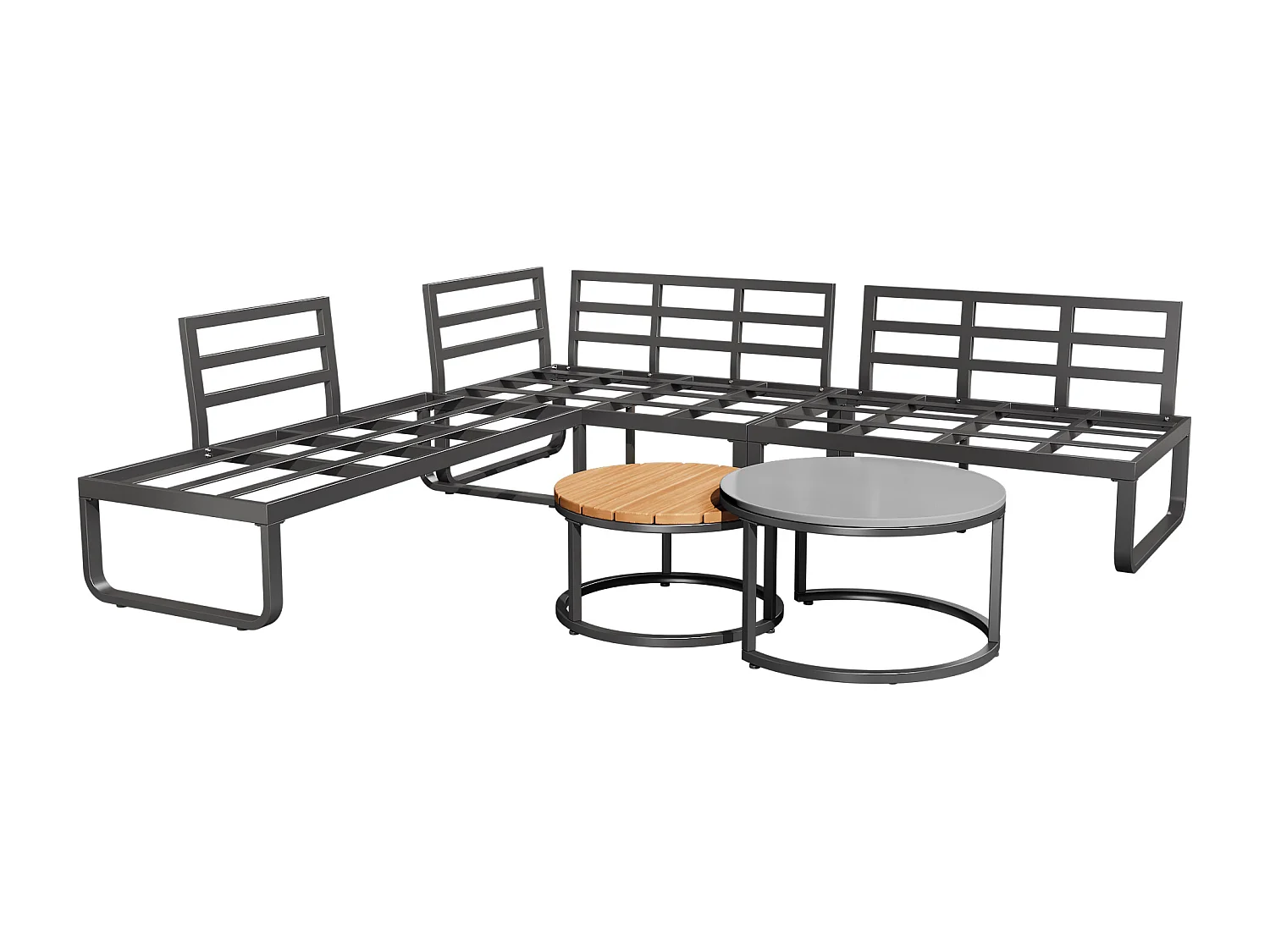 Salon de jardin - 4 places - en fer galvanisé - canapé d'angle - 2 tables basses - avec coussins et pieds réglables - Gris