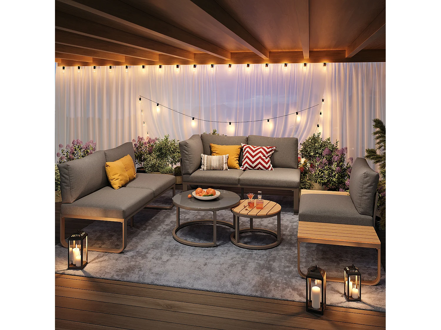 Zestaw mebli ogrodowych - 4 miejsca - z ocynkowanej stali - narożna sofa - 2 stoliki kawowe - z poduszkami i regulowanymi nogami - Szary